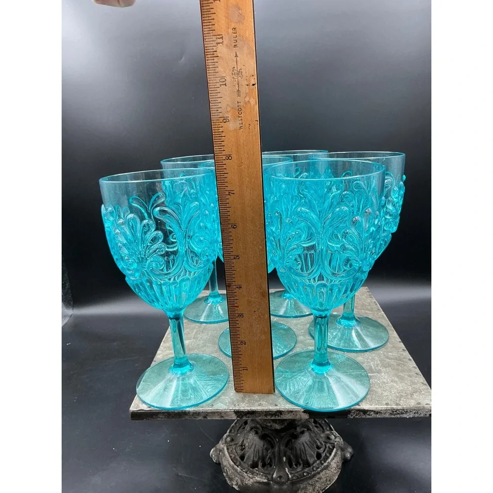 Set of 6 Turquoise Blue Acrylic Wine Goblets Embossed Scroll Pattern 7 inch
